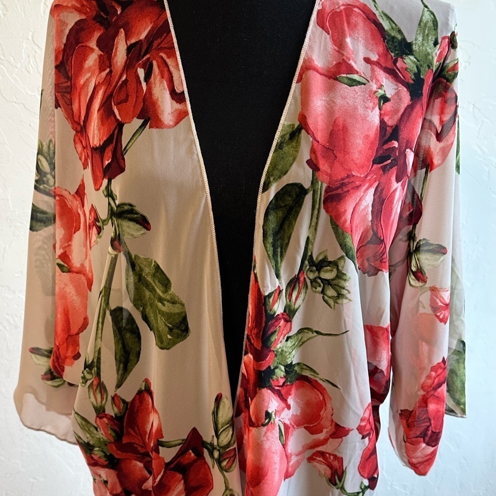 Tan with Red Roses Floral Sheer Bell Sleeves Kimono Swimsuit Cover-Up - Picture 5 of 10